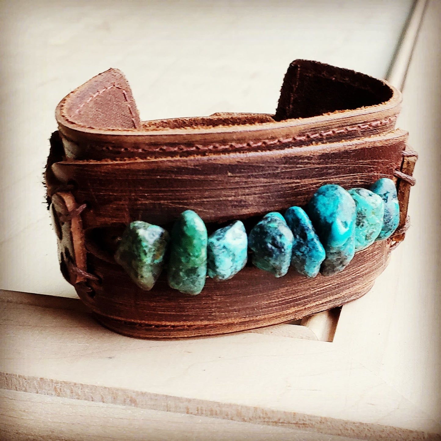 Dusty Leather Wide Cuff with Large Natural Turquoise Chunks 007u