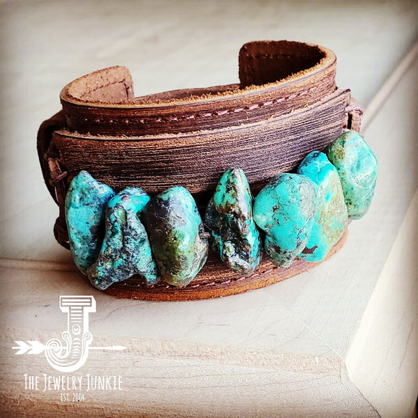 Dusty Leather Wide Cuff with Large Natural Turquoise Chunks 007u