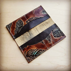 Embossed Leather Wallet-Turquoise Feather 300b