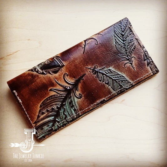 *Embossed Leather Wallet-Turquoise Feather 300b