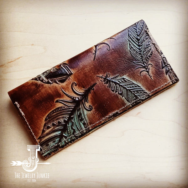 Embossed Leather Wallet-Turquoise Feather 300b