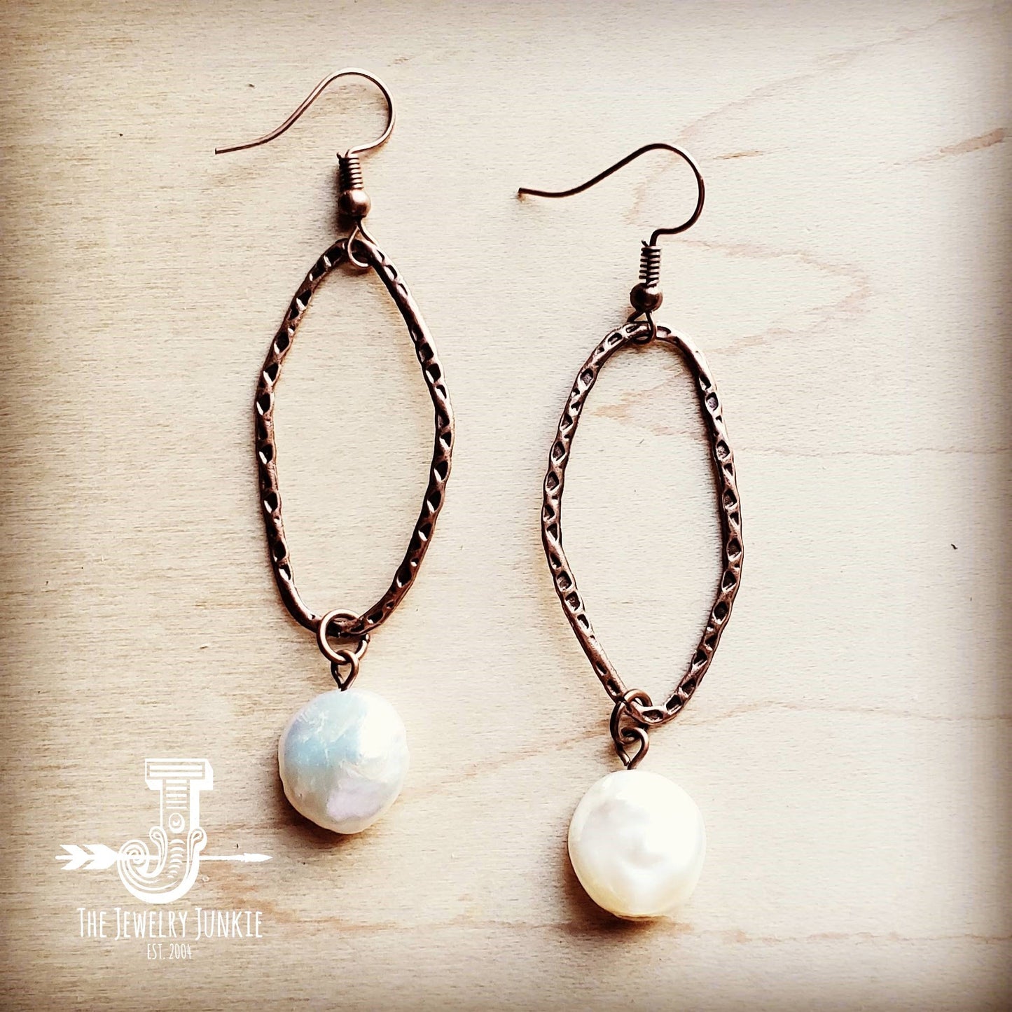 *Genuine Shell Pearl Coin Dangle on Copper Hoop Earrings 243f
