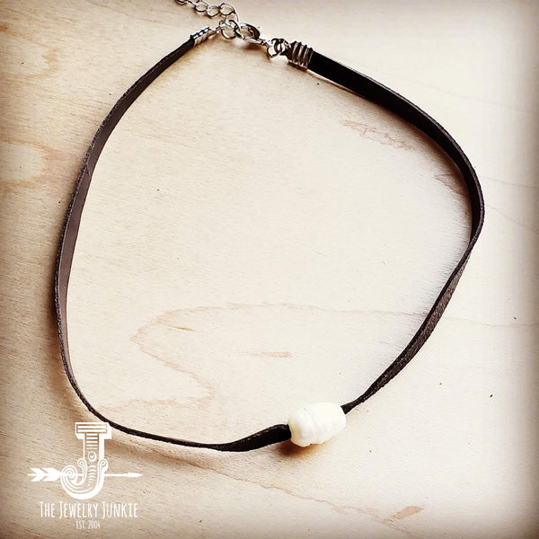 Floating Pearl Choker on Brown Leather