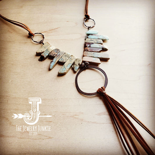 Aqua Terra Necklace w/ Hammered Copper Hoop and Long Fringe 225o