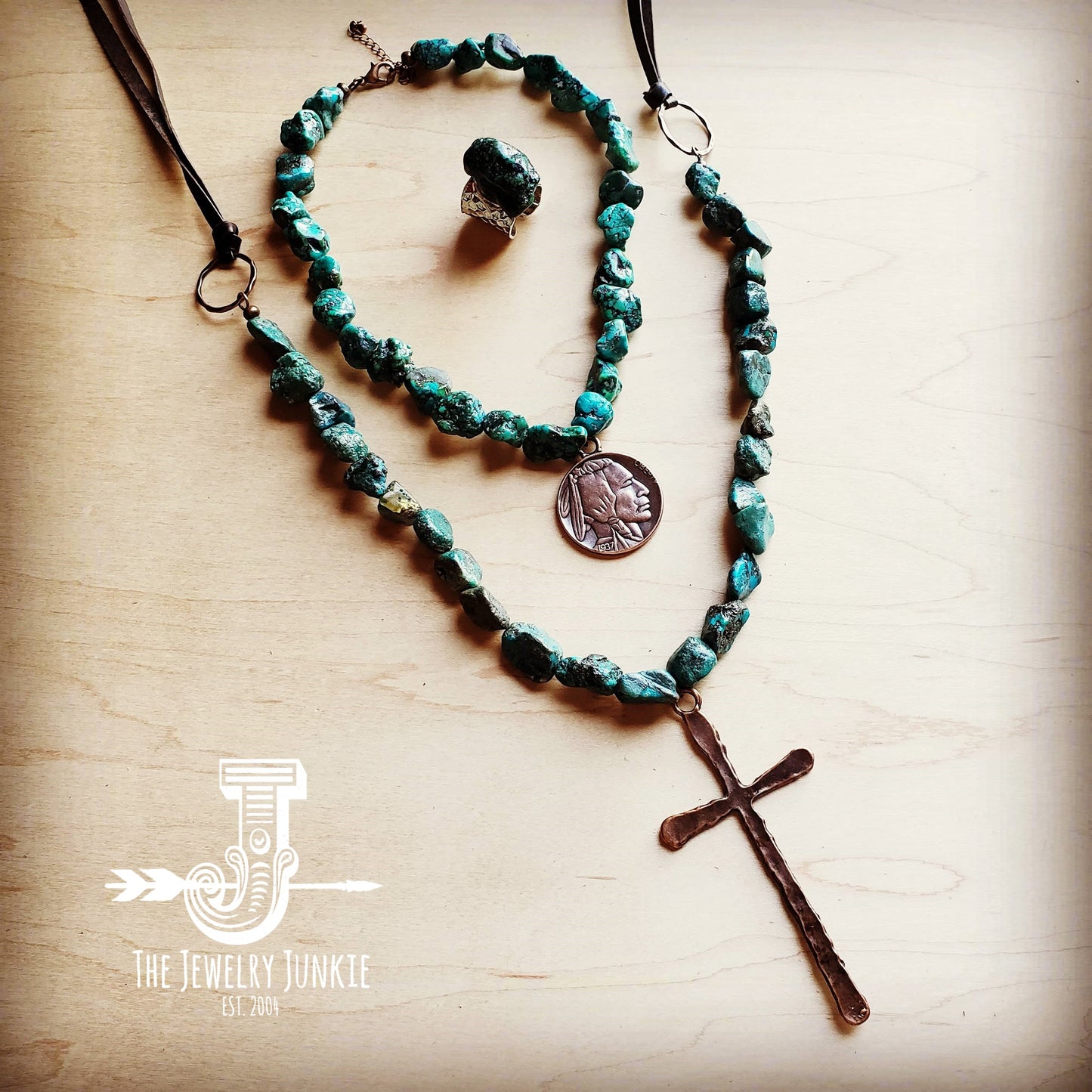 african turquoise necklace with large copper cross pendant 242u