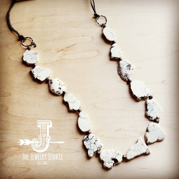 White Turquoise Slab Necklace with Leather Fringe Closure