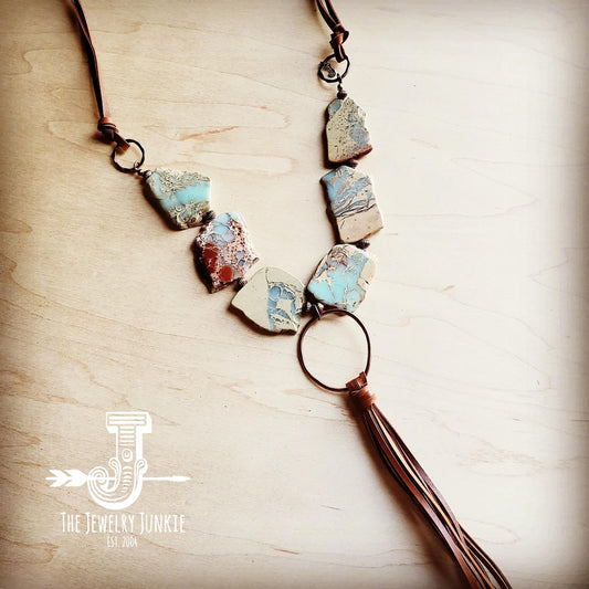 Aqua Terra Slab Necklace with Copper Hoop and Fringe Tassel 240r
