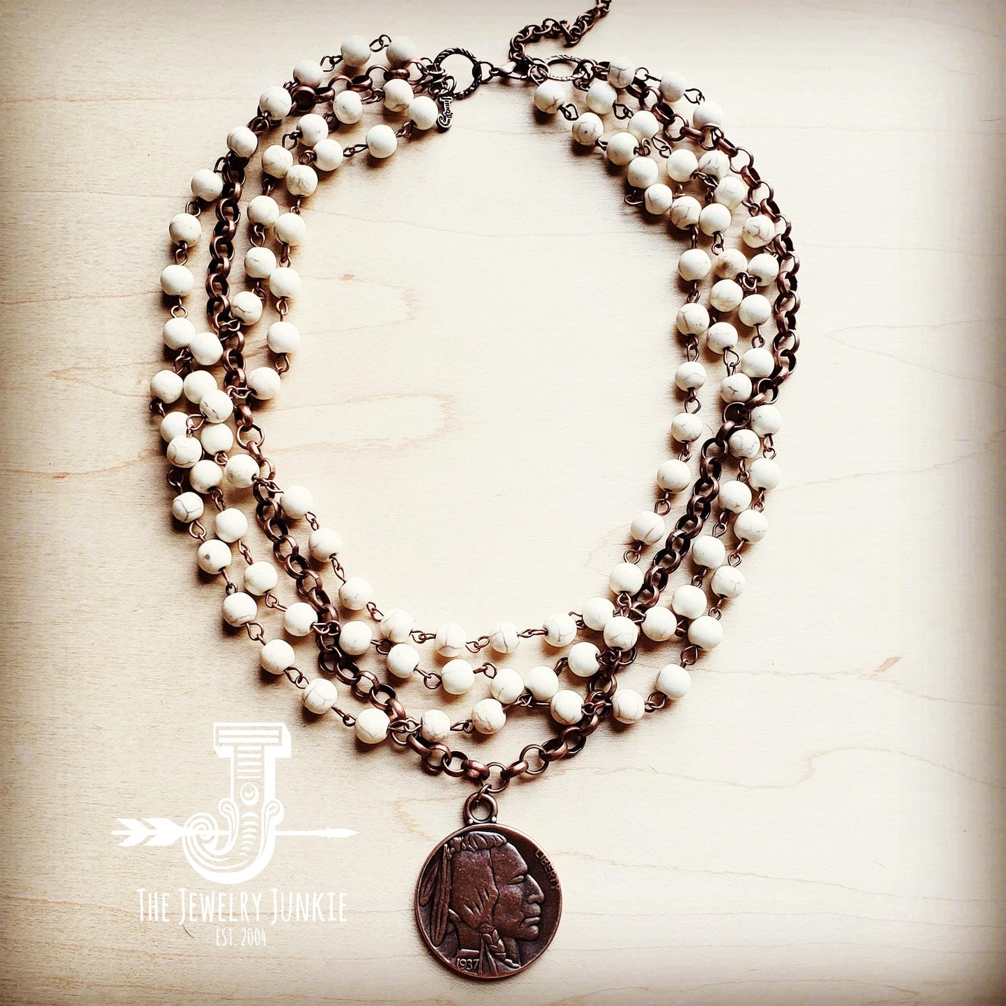 White Turquoise and Copper Choker Necklace w/ Indian Head Coin
