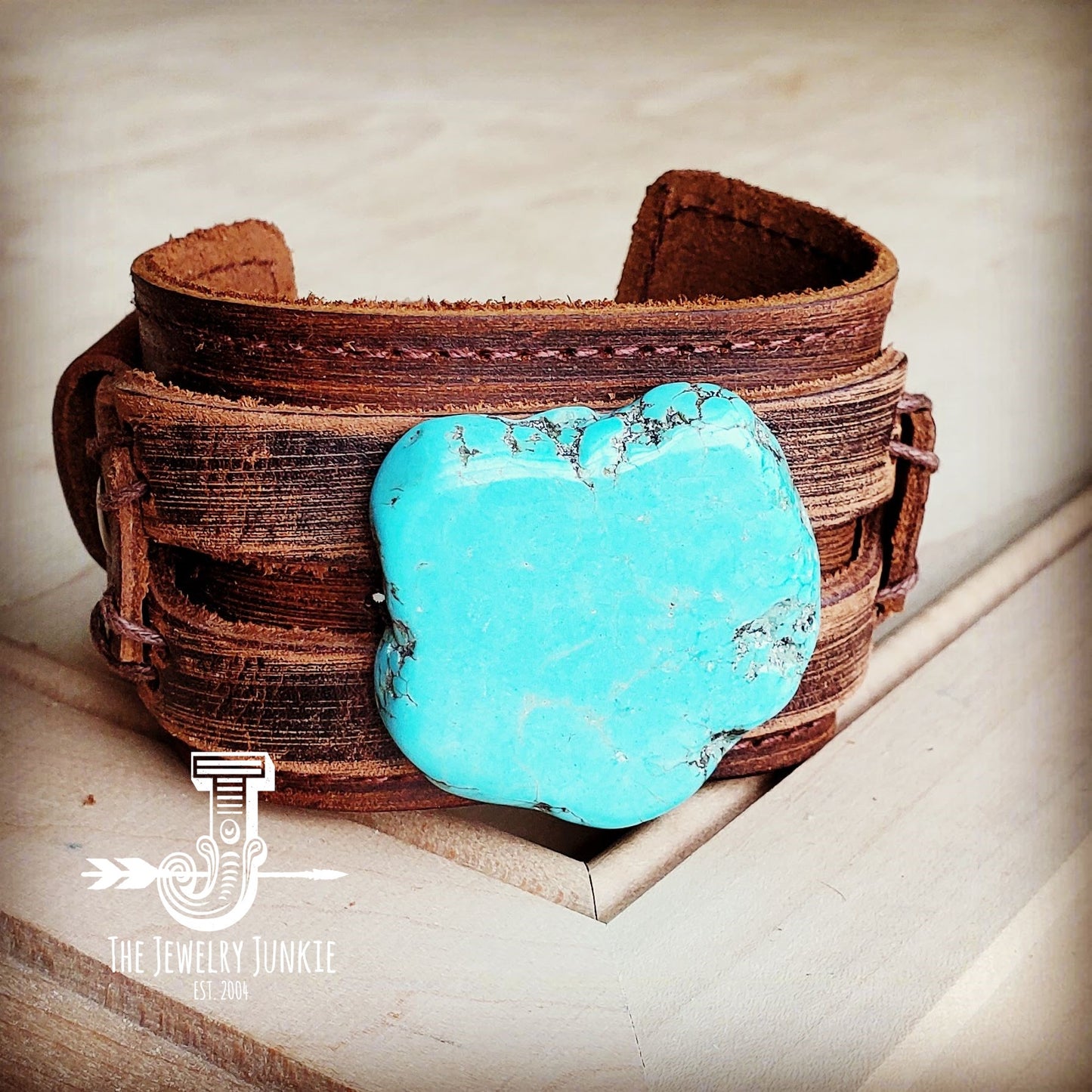 Blue Turquoise Slab on Dusty Leather Cuff 230X