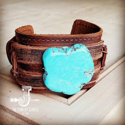 Chunky Blue Turquoise on Dusty Leather Cuff
