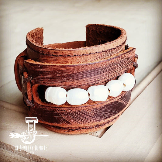 Vintage Leather Cuff With Pearl