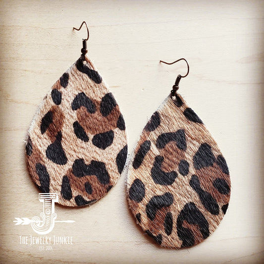 Leather Teardrop Earrings in Leopard Print Hair on Hide 216n