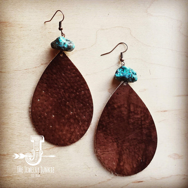 Leather Teardrop Earrings in Brown with Natural Turquoise Chunk 218r