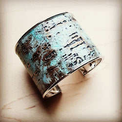 Wide Cuff Bangle Bracelet in Turquoise Metallic Leather 011j