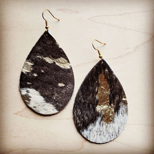 Leather Teardrop Earrings in Mixed Metallic Hair on Hide 201p