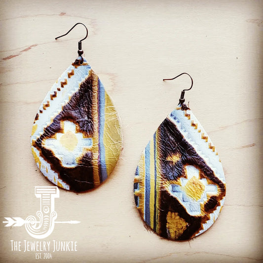 **Leather Teardrop Earrings in Yellow Navajo Accent 205m