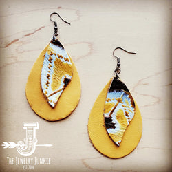 **Leather Teardrop Mustard Earrings w/ Yellow Navajo Accent 205p