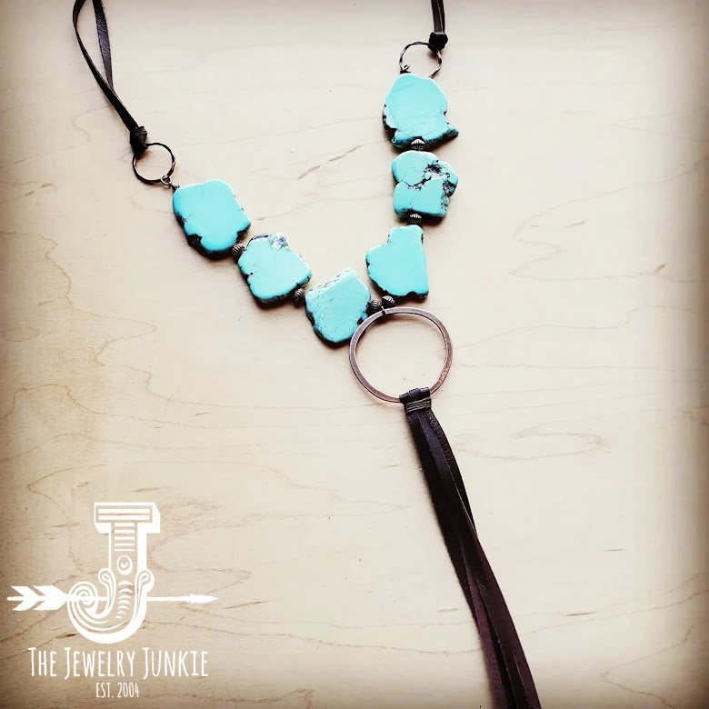 Turqouise Slab Necklace with Genuine Long Leather Tassel