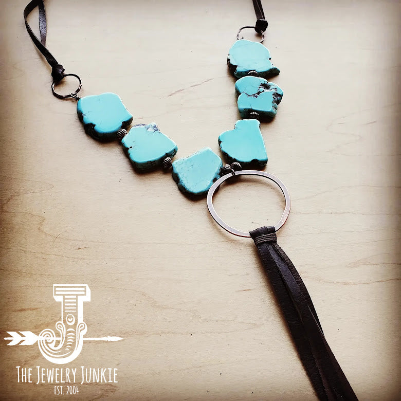 Turqouise Slab Necklace with Genuine Long Leather Tassel