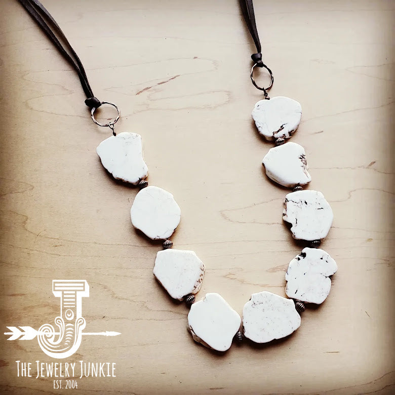 White Turquoise Slab Necklace with Leather Fringe Closure