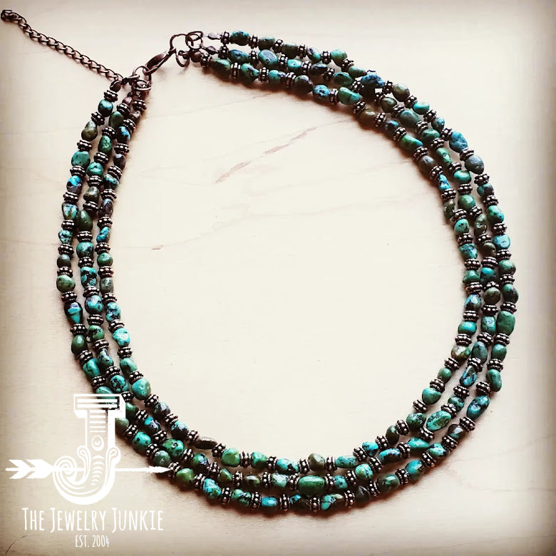 Triple Strand Natural Turquoise & Copper Collar Necklace