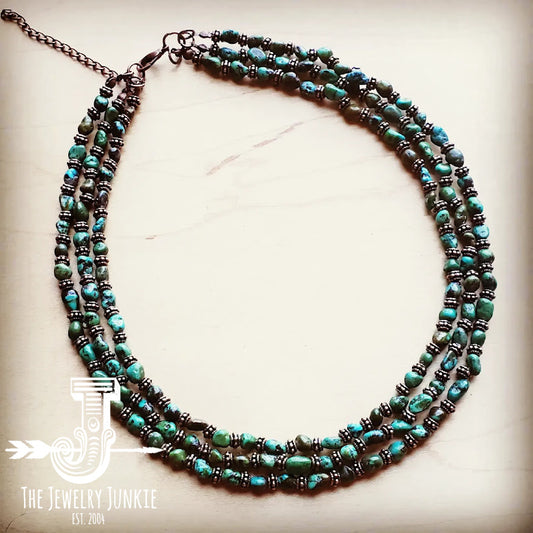 Triple Strand Natural Turquoise & Copper Collar Necklace 250n