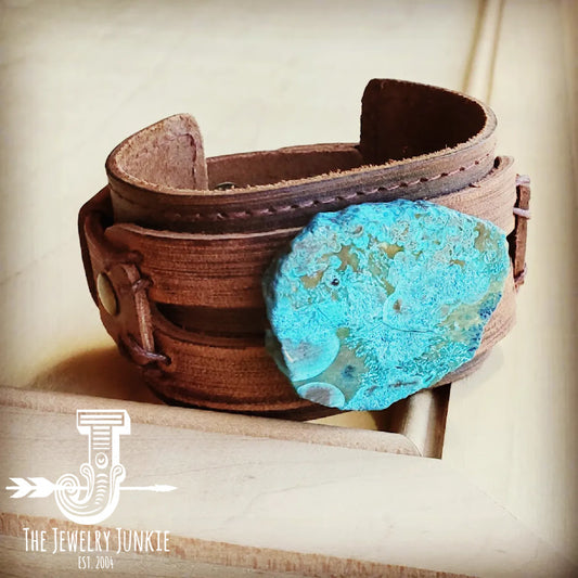 Genuine Leather Wide Cuff Bracelet w/ Ocean Agate Slab 004C