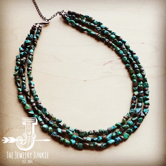 Triple Strand Natural Turquoise & Wood Collar Necklace 250m