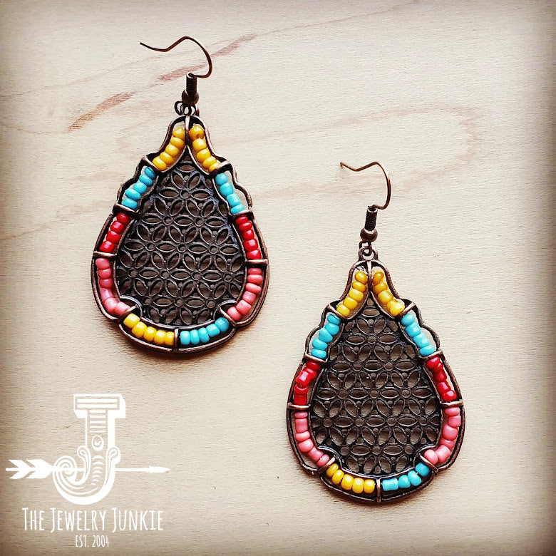 *Copper Filigree Earrings w/ Multi-Colored Beads 205x