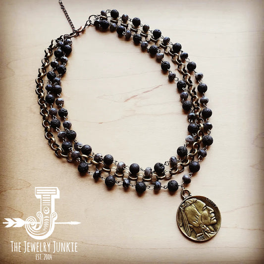 Labradorite Triple Strand Collar Necklace w/ Indian Coin