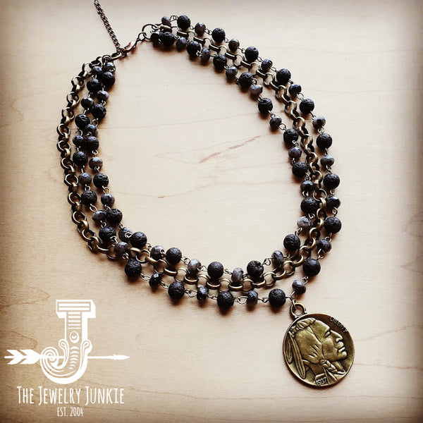 Labradorite Triple Strand Collar Necklace w/ Indian Coin