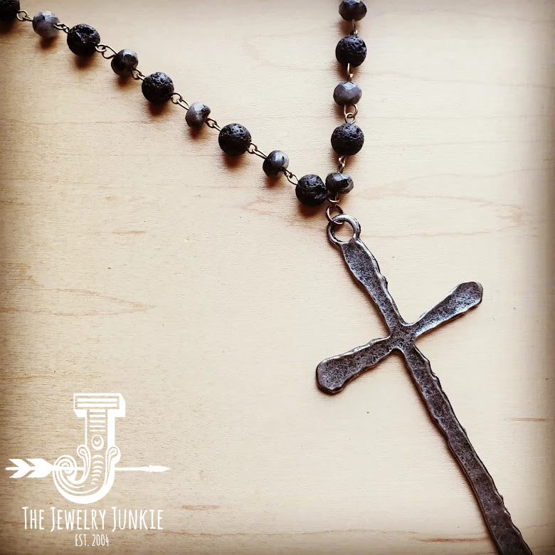 Labradorite Long Beaded Necklace with Antique Silver Cross
