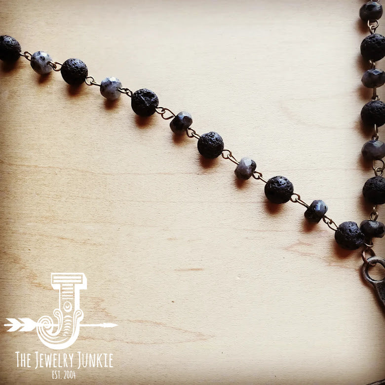Labradorite Long Beaded Necklace with Antique Silver Cross