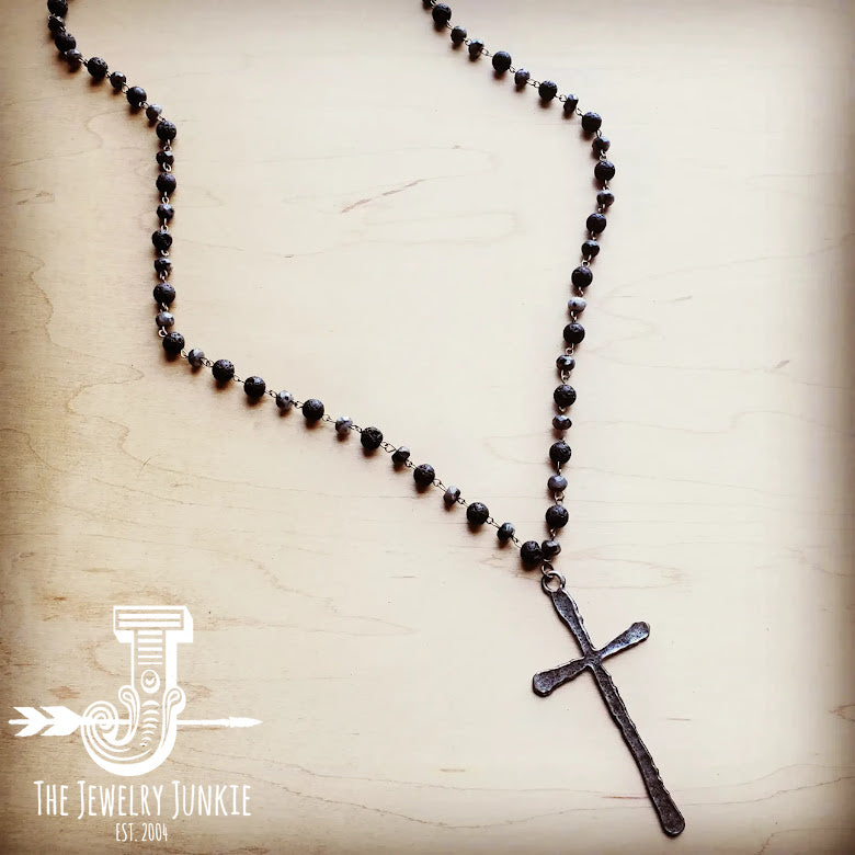 Labradorite Long Beaded Necklace with Antique Silver Cross