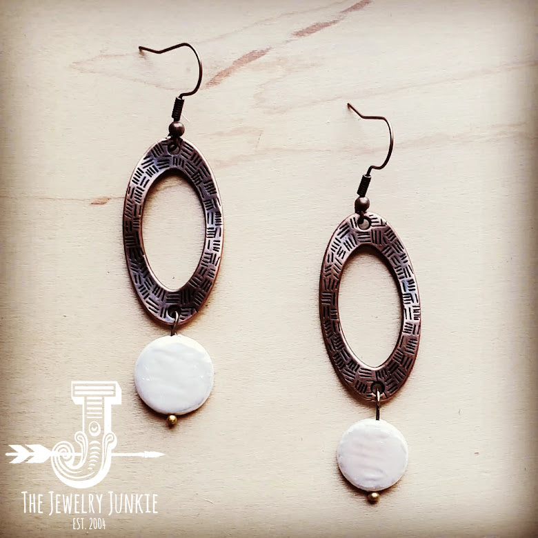 *Genuine Shell Pearl Coin Dangle on Copper Hoop Earrings 243f