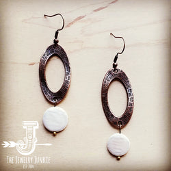 *Genuine Shell Pearl Coin Dangle on Copper Hoop Earrings 243f