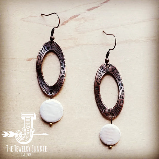*Genuine Shell Pearl Coin Dangle on Copper Hoop Earrings 243f