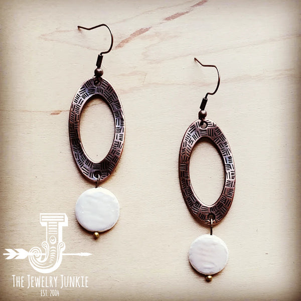*Genuine Shell Pearl Coin Dangle on Copper Hoop Earrings 243f