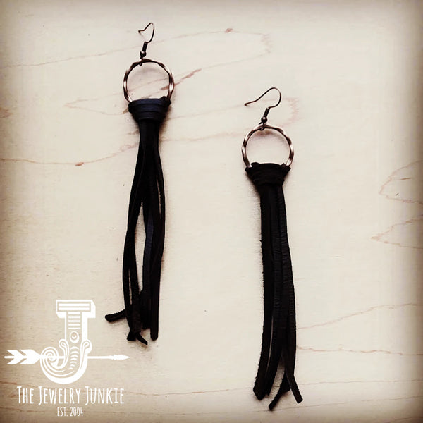 Deer Skin Leather Tassel Earring-Black 206e