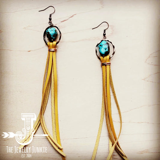 Turquoise Drop Earrings with Leather Tassel-Mustard 206f