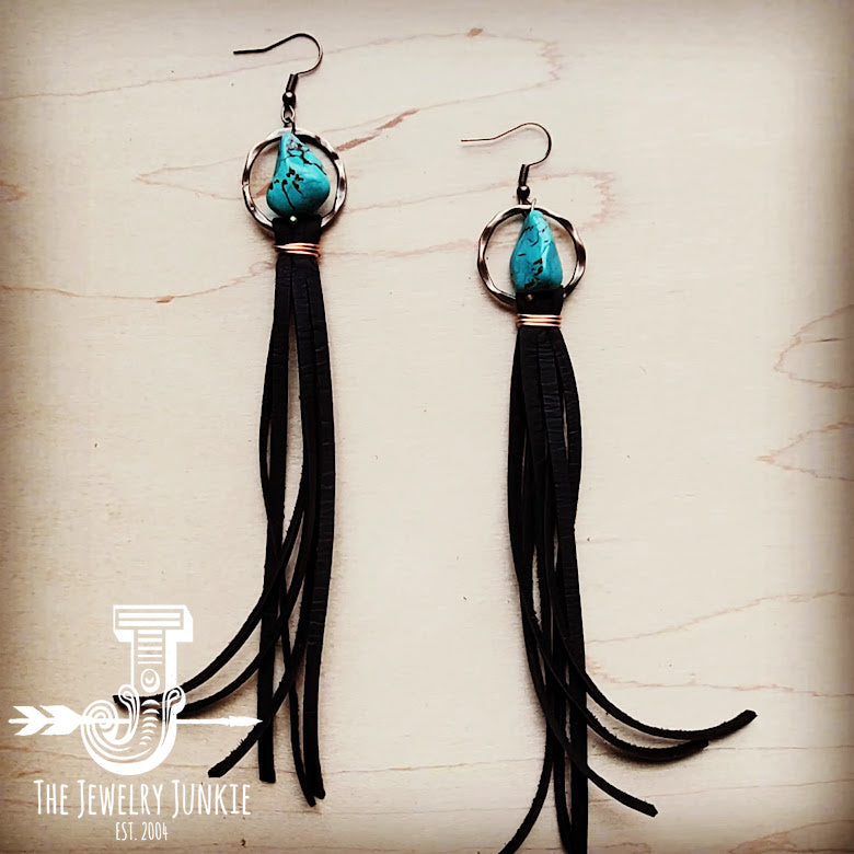 Turquoise Drop Earrings with Leather Tassel-Black 206g