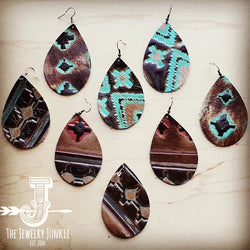 Leather Teardrop Earrings in Turquoise Navajo 217n