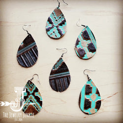 Leather Teardrop Earrings in Turquoise Navajo 217n