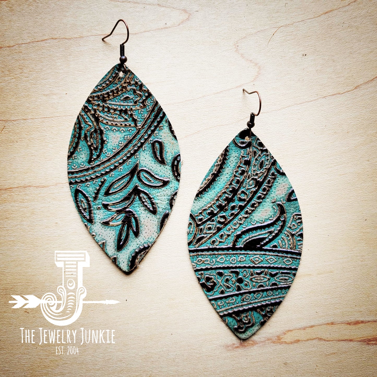 **Leather Oval Earrings-Turquoise Brown Paisley 208z