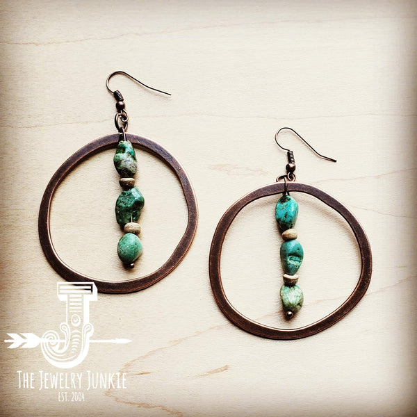 Copper Hoop Earrings w/ Natural Turquoise and Wood 201q
