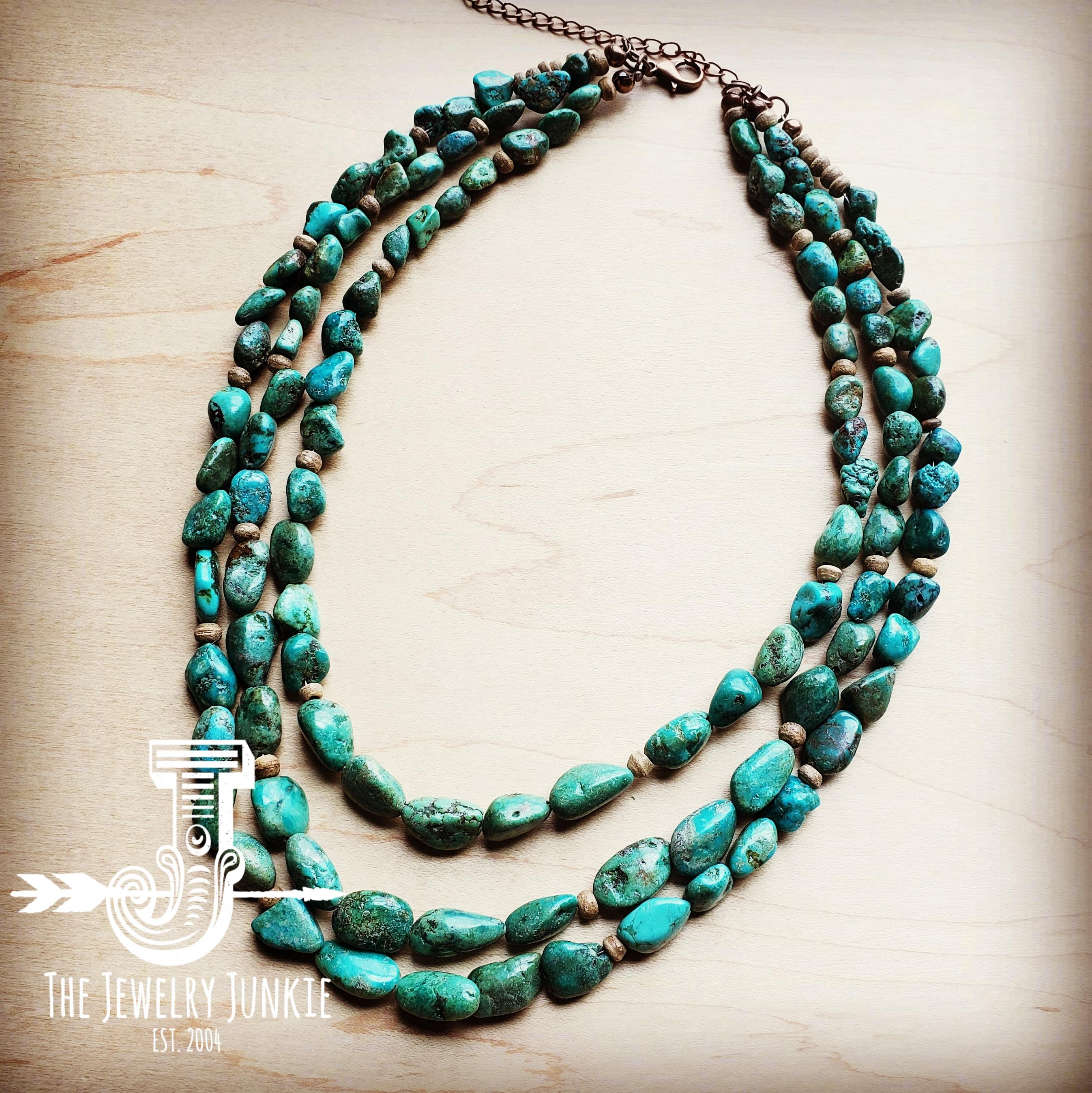 Triple Strand Natural Turquoise & Wood Collar Necklace