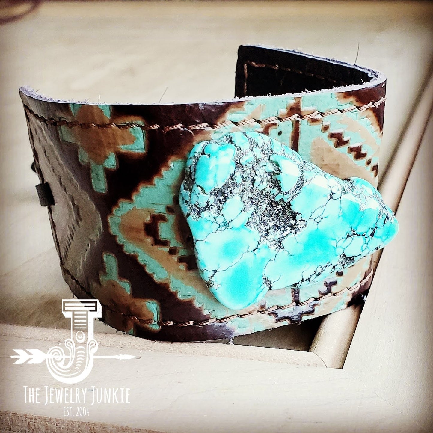 Leather Cuff w/ Leather Tie-Turquoise Navajo and Turquoise Slab (011u ...