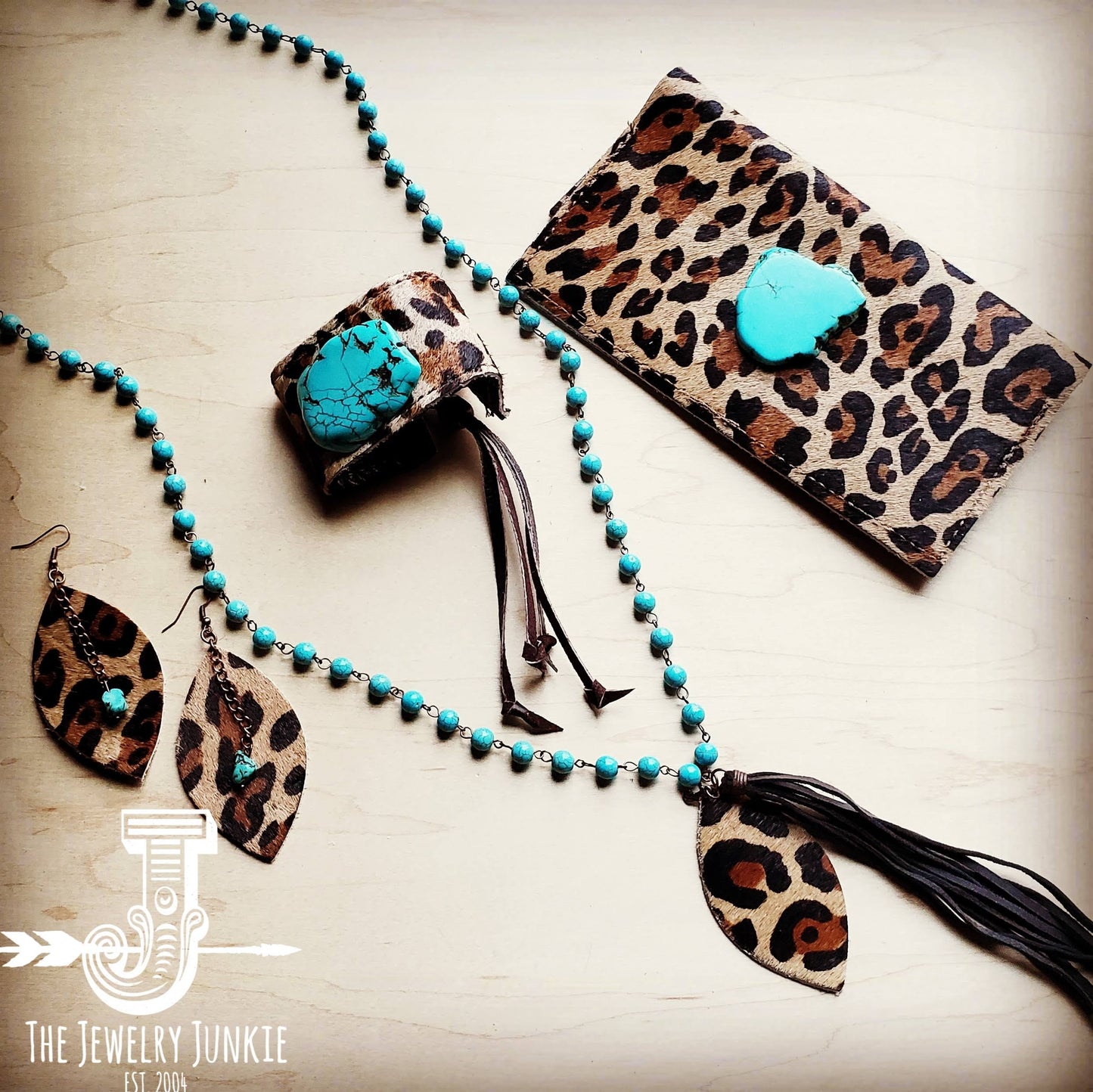 Leather Rectangle Earrings w/ Leopard and Turquoise 201w