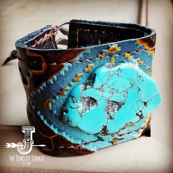 Leather Cuff w/ Leather Tie-Blue Navajo and Turquoise Slab (011t)