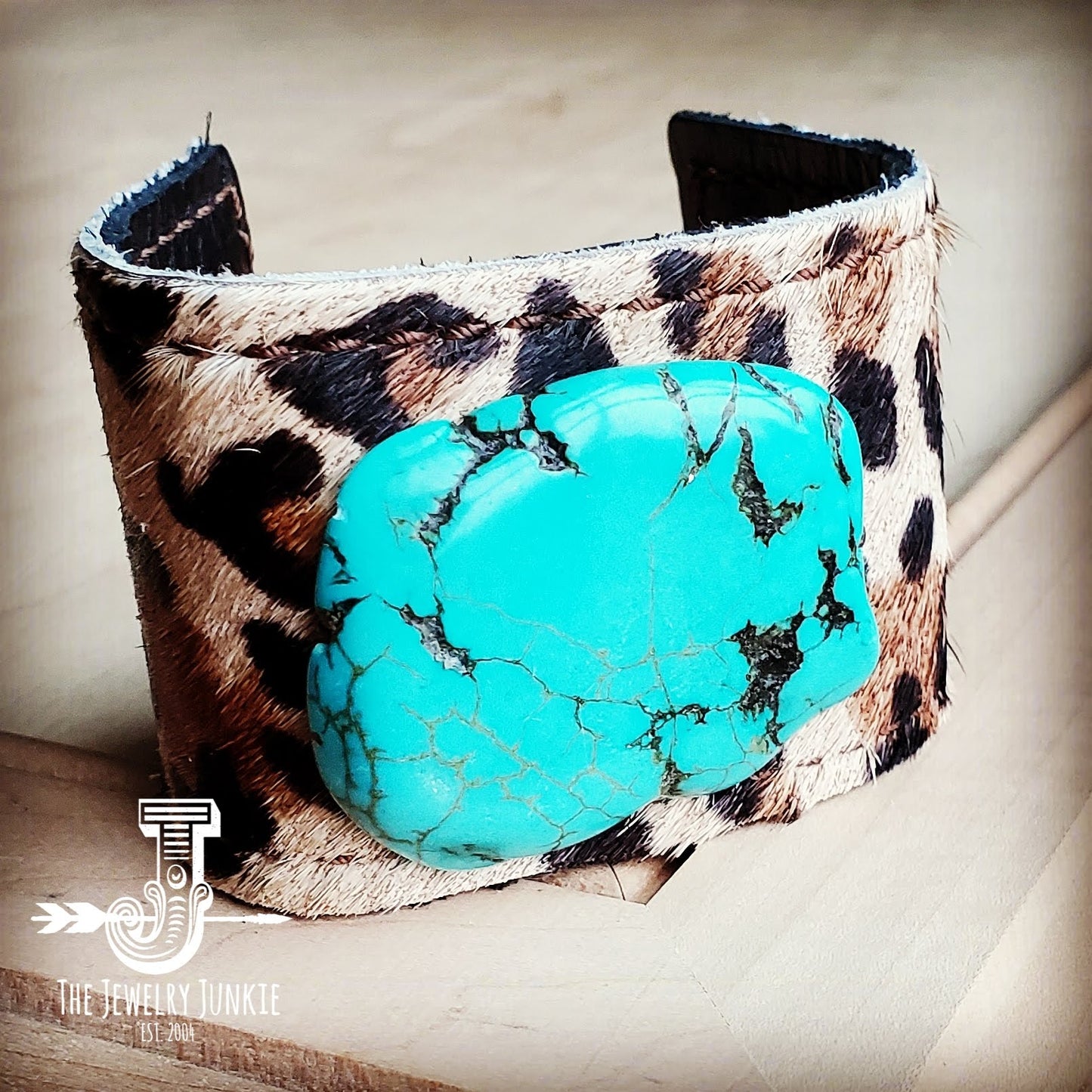 Leather Cuff w/ Leather Tie-Leopard Hide and Turquoise Slab (011s)
